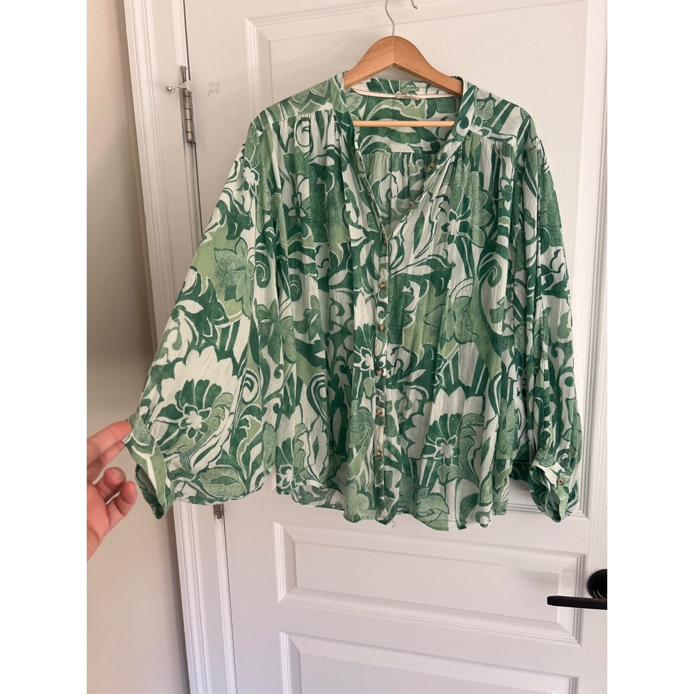 Pilcro Blouse Green White Floral Dolman Sleeve Button Up Boho Flowy Romantic - Picture 8 of 15
